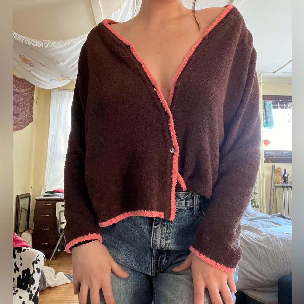 brown and pink cozy cardigan